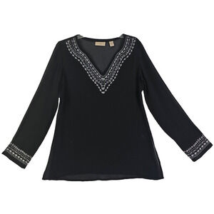 i.e.~Woman Size M~Black Sheer Long Sleeve Tunic Top 100% Silk V Neck Embroidered